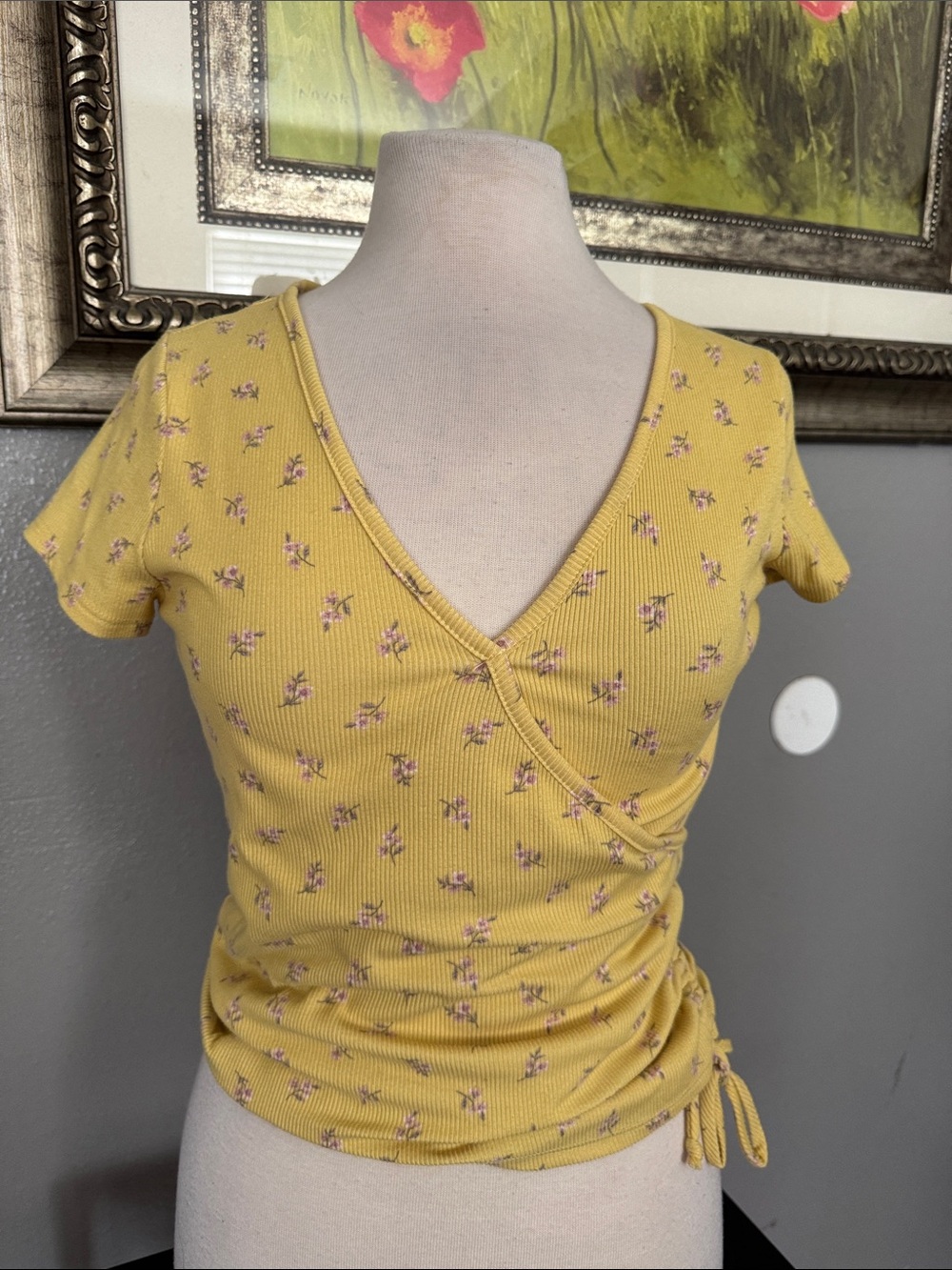 Floral Yellow Ribbed Wrap Crop Top with Side Tie